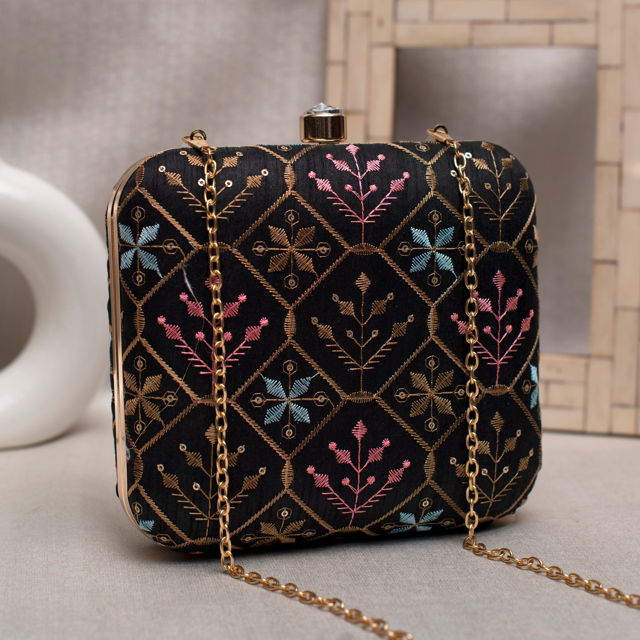 Black And Golden Thread Embroidery Clutch