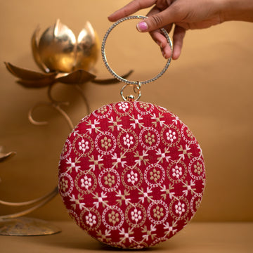 Artklim Red Embroidery Round Clutch