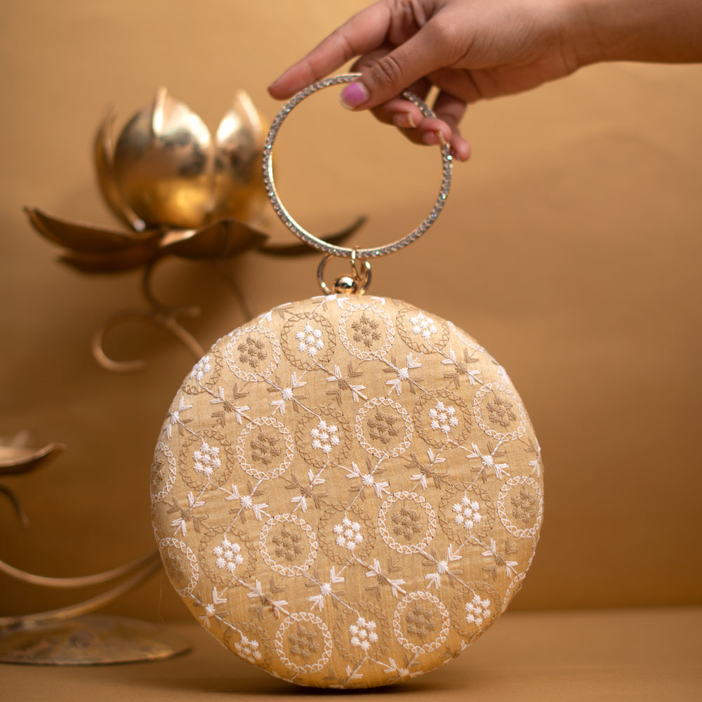 Warm Cream Embroidery Round Clutch