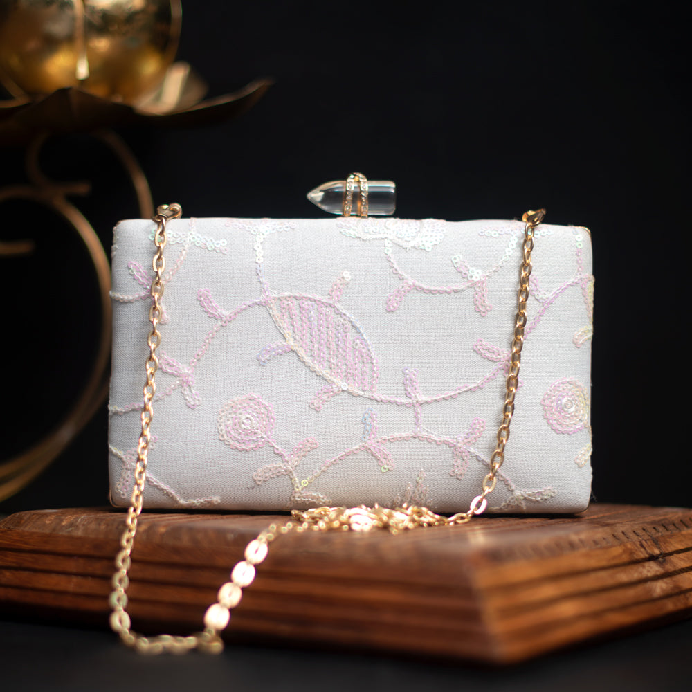 Artklim White And Pink Embroidery Party Clutch