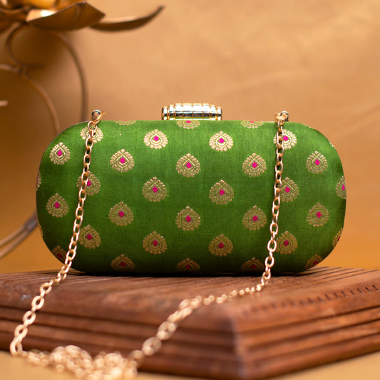 Green Brocade Fabric Party Clutch