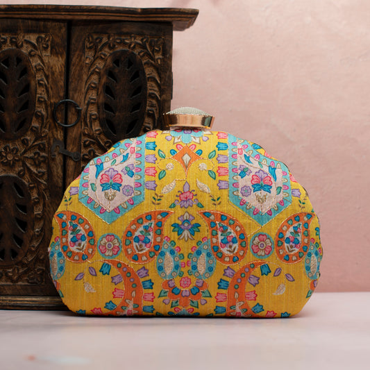 Yellow Floral Golden Zari Embroidery Clutch