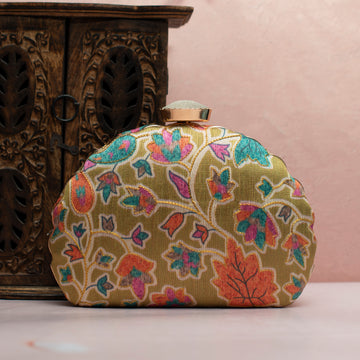 Olive Green Floral Printed Zari Embroidery Clutch