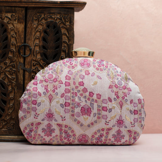 Pink Floral Printed Golden Zari Embroidery Clutch
