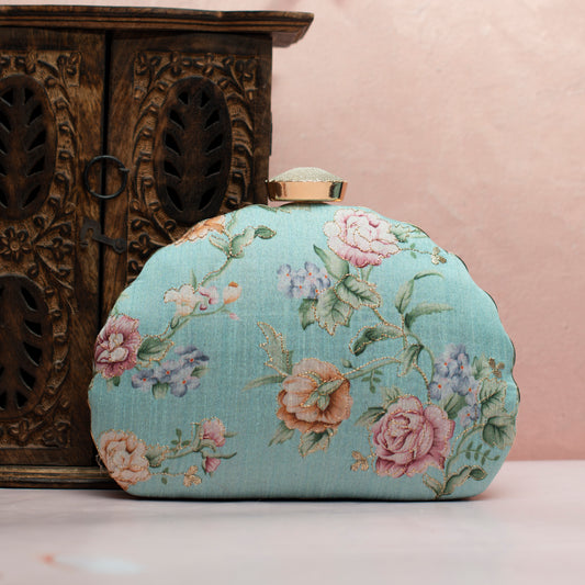 Turquoise Floral Printed Zari Embroidery Clutch