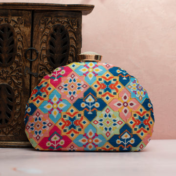 Multicolor Floral Printed Zari Embroidery Clutch