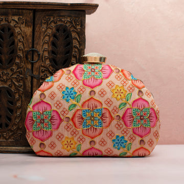 Peach Floral Printed Zari Embroidery Clutch