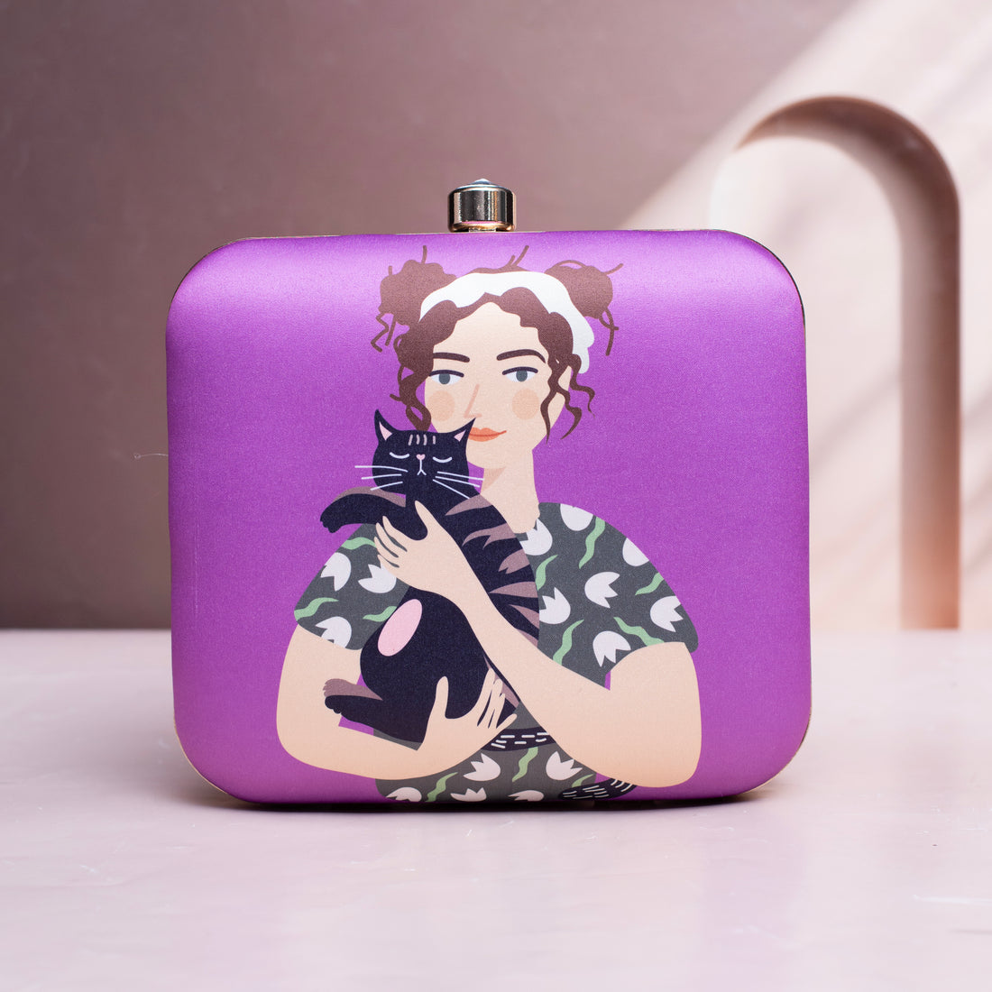 Glam Girl and Cat Printed Clutch With Vibrant Purple Background