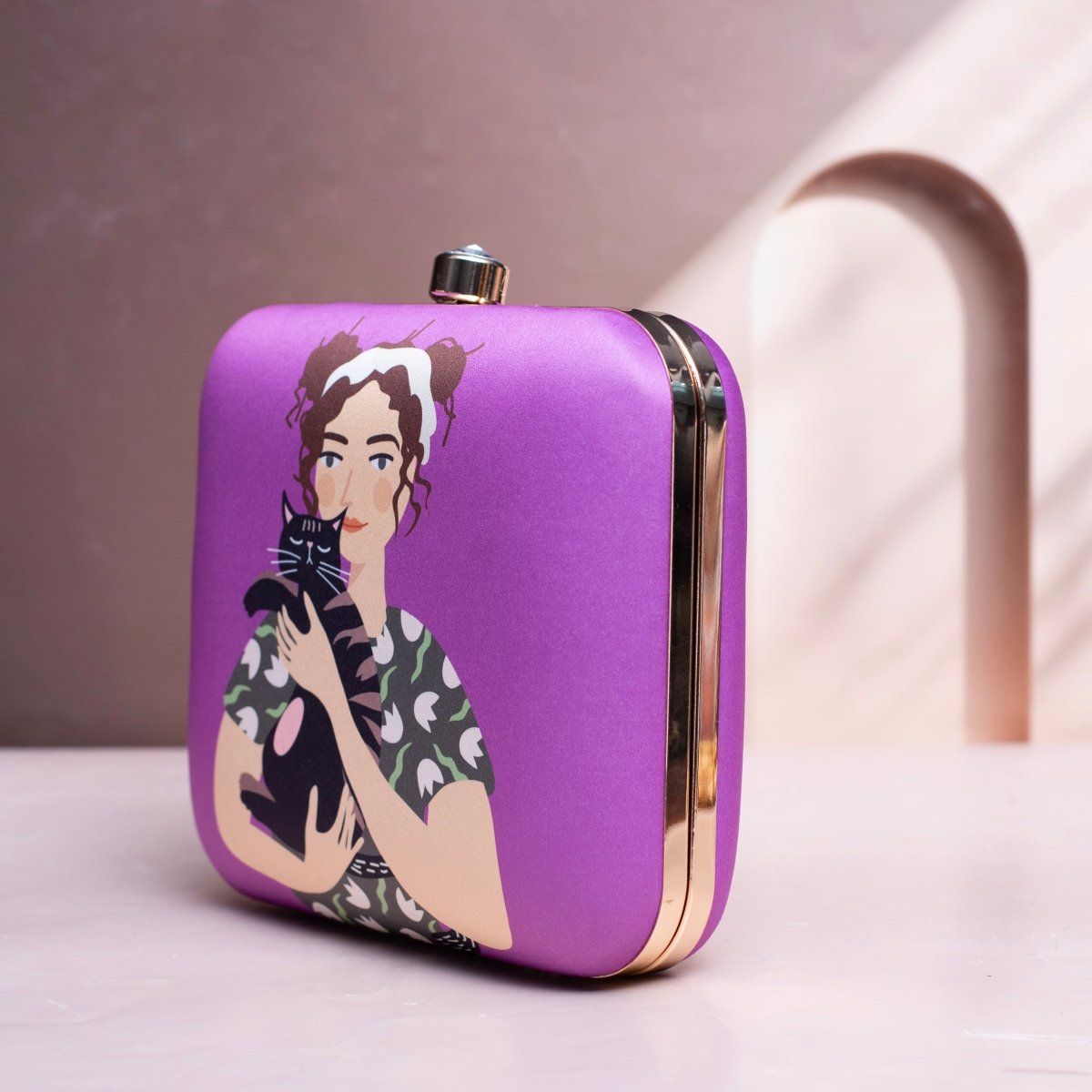 Glam Girl and Cat Printed Clutch With Vibrant Purple Background