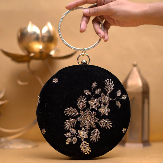 Black Floral Sequins Embroidery Round Clutch
