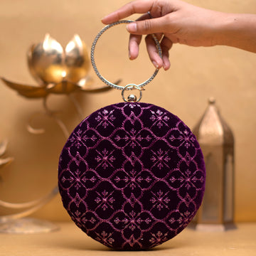 Purple Floral Thread Embroidery Round Clutch