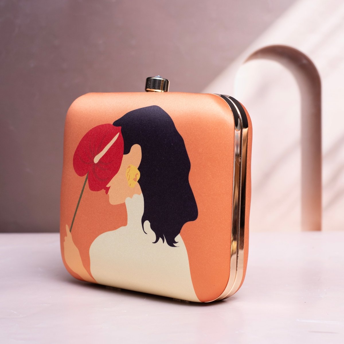 Vibrant Orange Colour Shy Woman Portrait Clutch