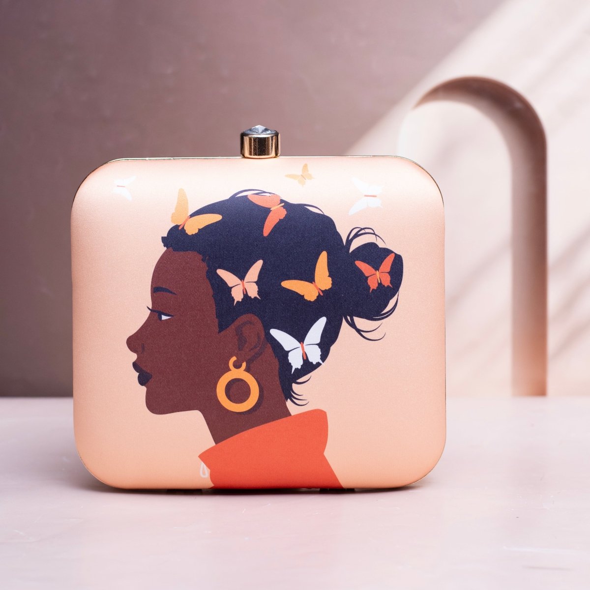 Beautifull Brown Girl with Pastel Butterfly Printed Clutch