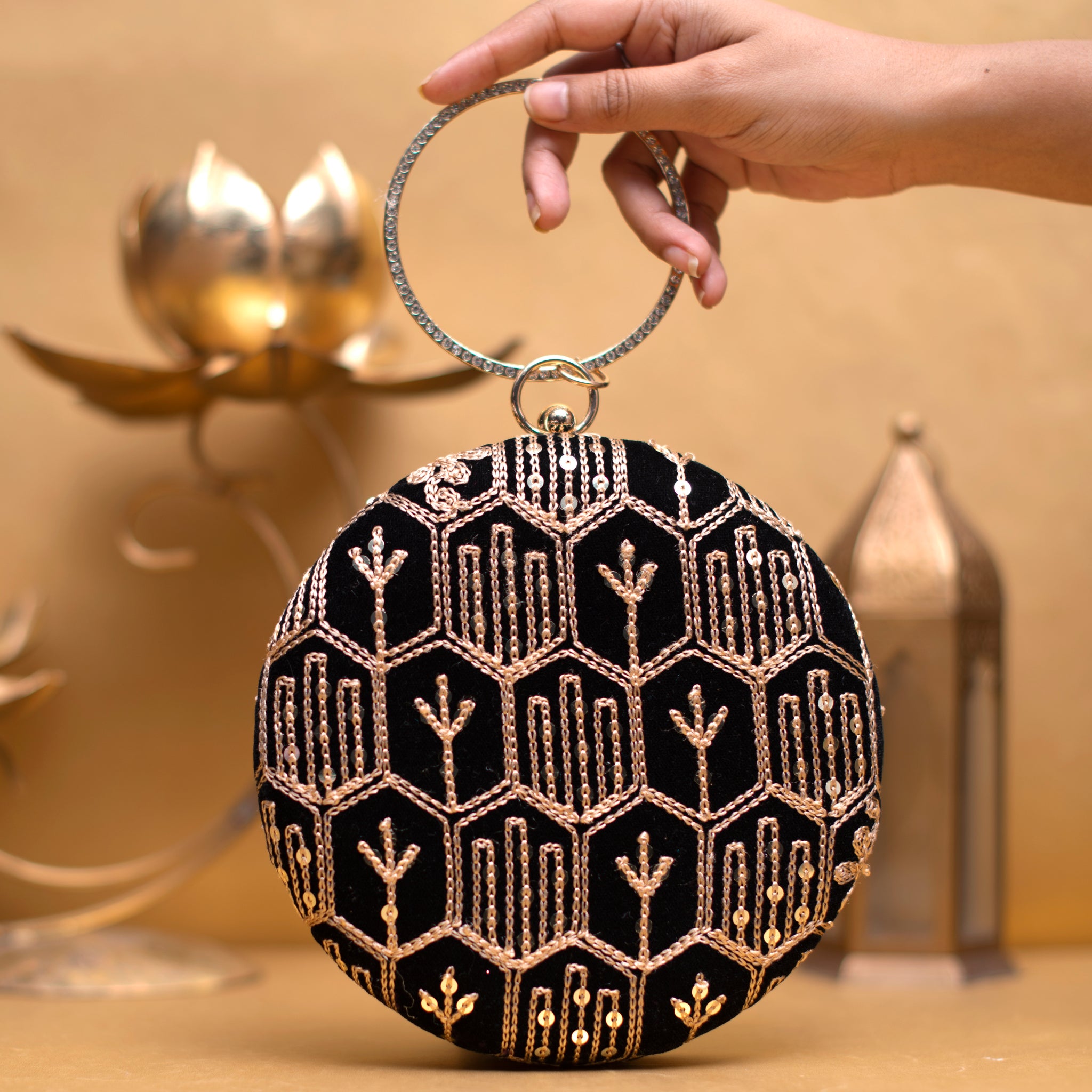 Black Multipattern Thread Embroidery Round Clutch