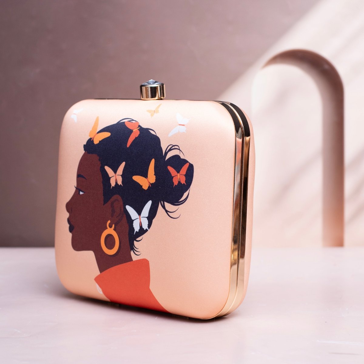 Beautifull Brown Girl with Pastel Butterfly Printed Clutch