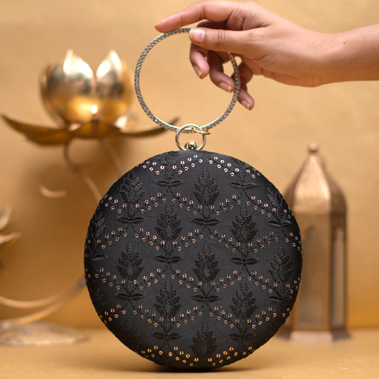 Black Sequins And Thread Embroidery Round Clutch