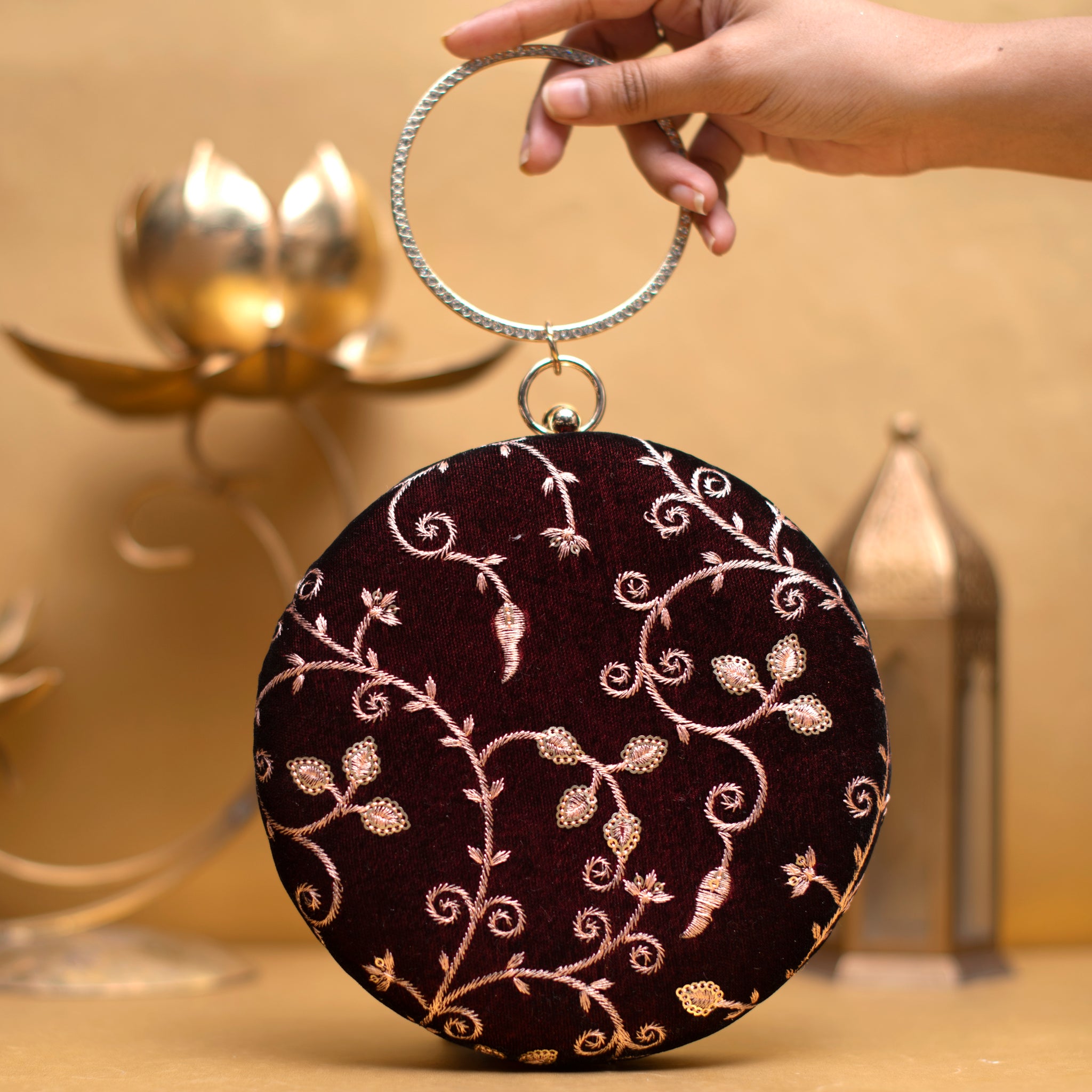 Maroon And Golden Thread Embroidery Round Clutch