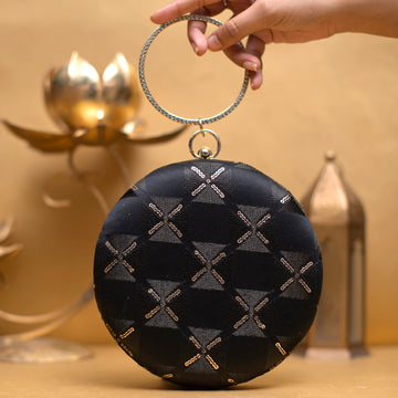 Black Cross Pattern Embroidery Round Clutch