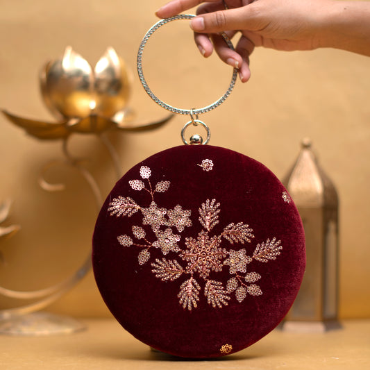 Maroon Floral Sequins Embroidery Round Clutch