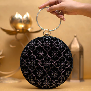 Black Floral Thread Embroidery Round Clutch