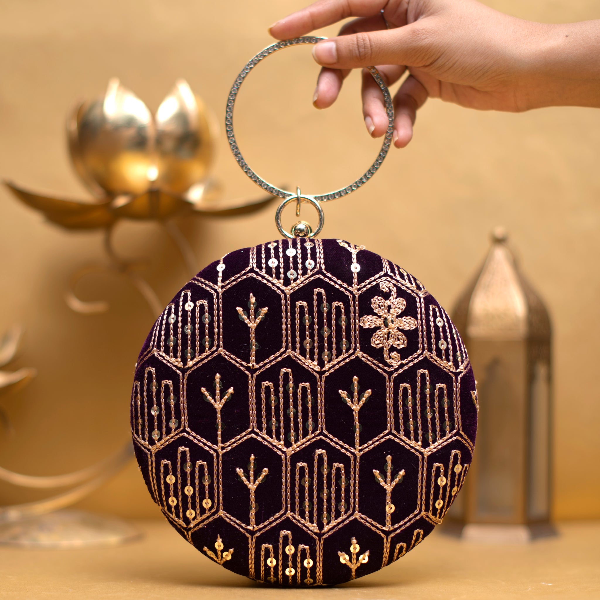 Wine Multipattern Thread Embroidery Round Clutch