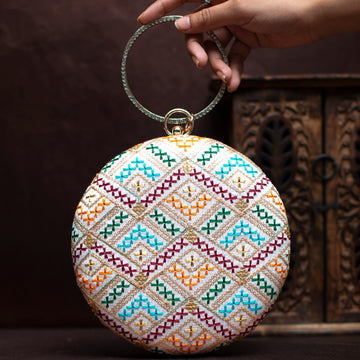 White Multicolor Embroidery Round Clutch