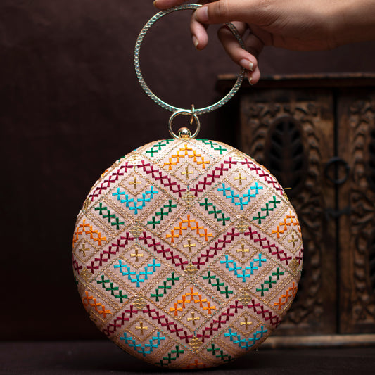 Beige Multicolor Embroidery Round Clutch