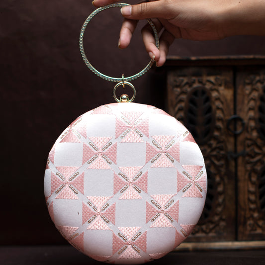 Pink Checks Pattern Embroidery Round Clutch