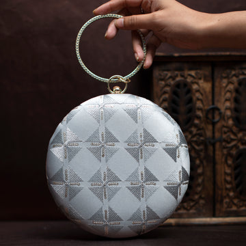 Grey Checks Pattern Embroidery Round Clutch