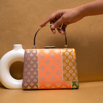 Orange Multipattern Brocade Fabric Clutch