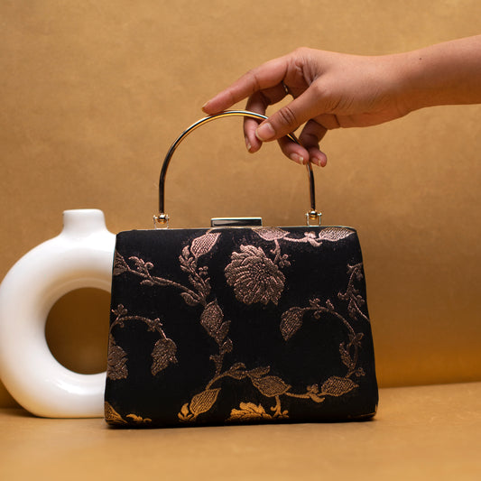 Black Floral Brocade Fabric Party Clutch