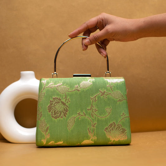 Green And Golden Floral Brocade Fabric Clutch