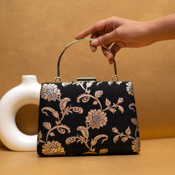 Black And Golden Floral Brocade Fabric Clutch