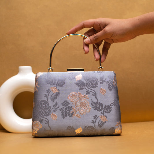 Grey And Golden Floral Brocade Fabric Clutch