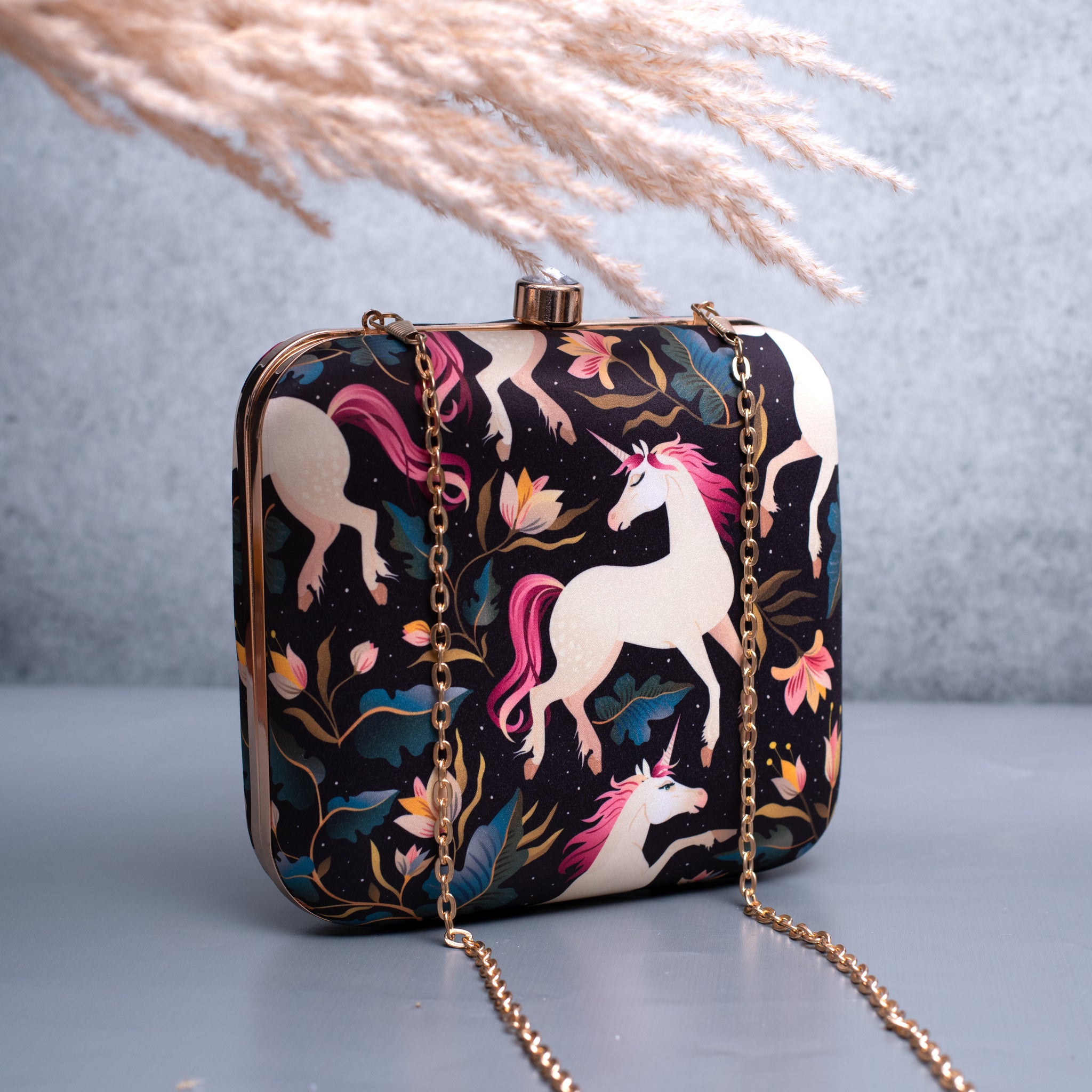 Unicorn Printed Black Clutch