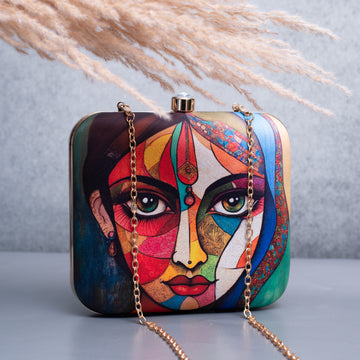 Artklim Multicolored Abstract Face Printed Clutch