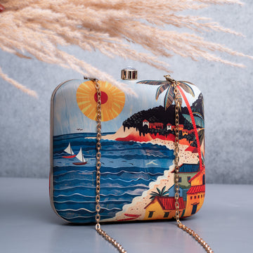 Artklim Blue Based Beach Scene Printed Clutch