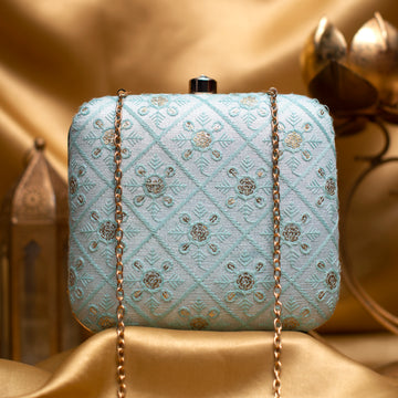 Blue Box Pattern Thread Embroidery Clutch