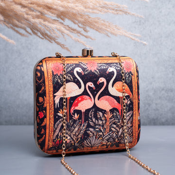 Artklim Black Based Flamingo Printed Clutch