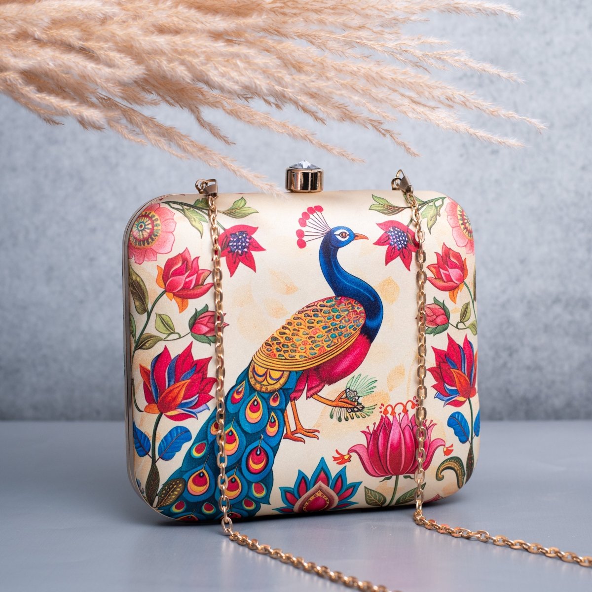 Artklim Biege Based Peacock Printed Clutch