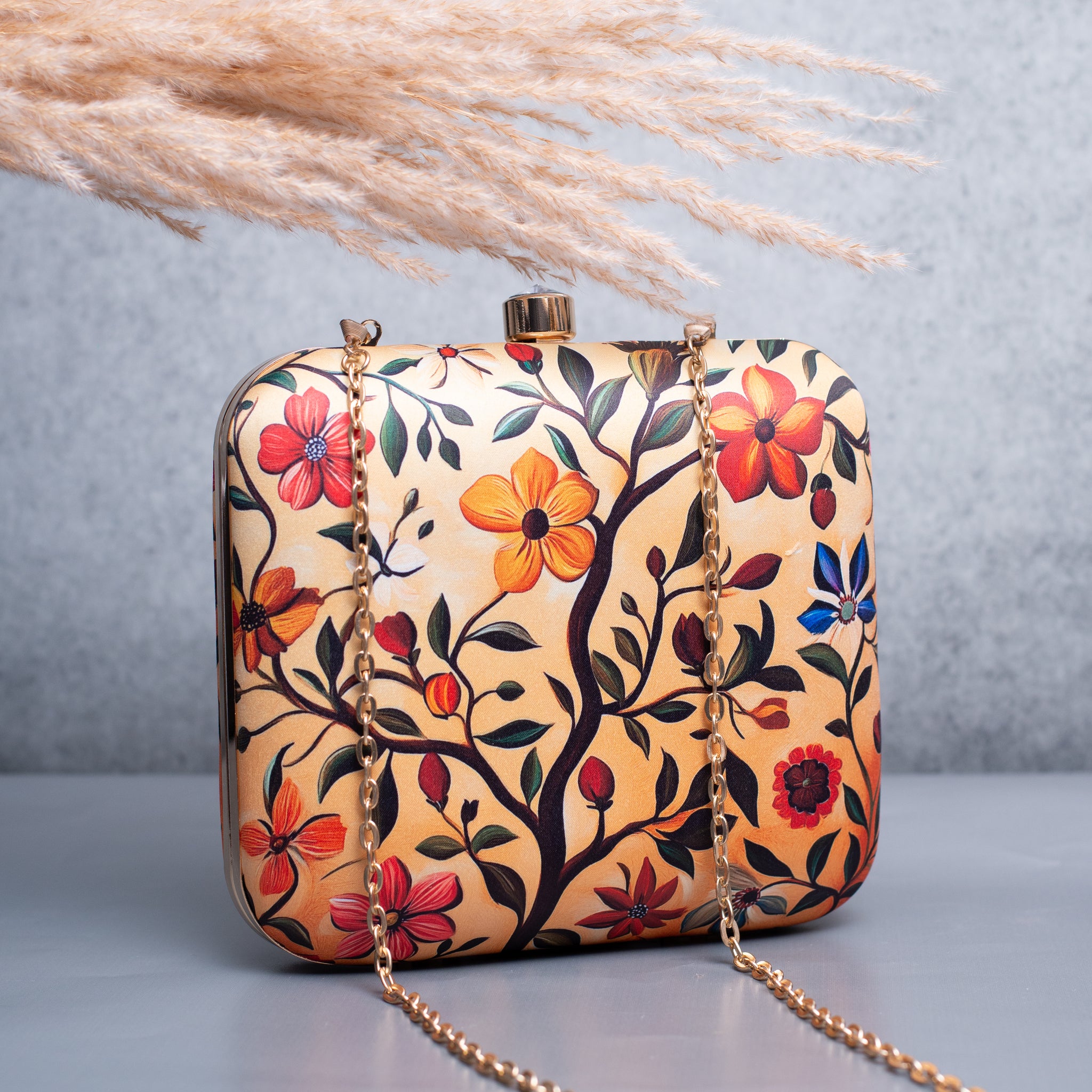 Artklim Biege Based Floral Printed Clutch