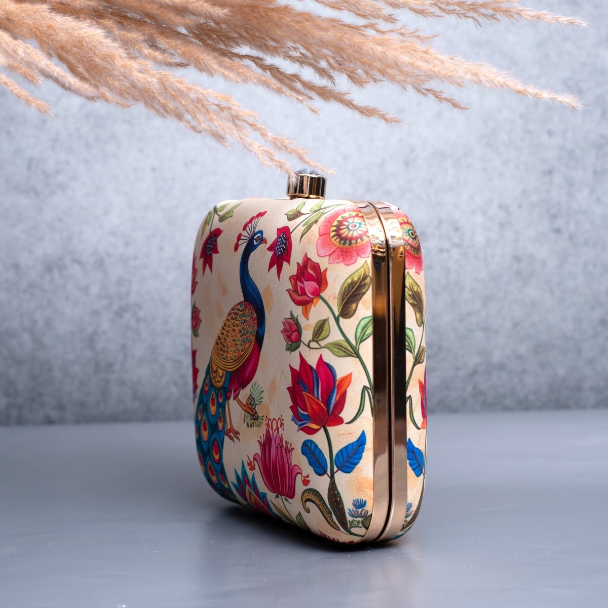Artklim Biege Based Peacock Printed Clutch