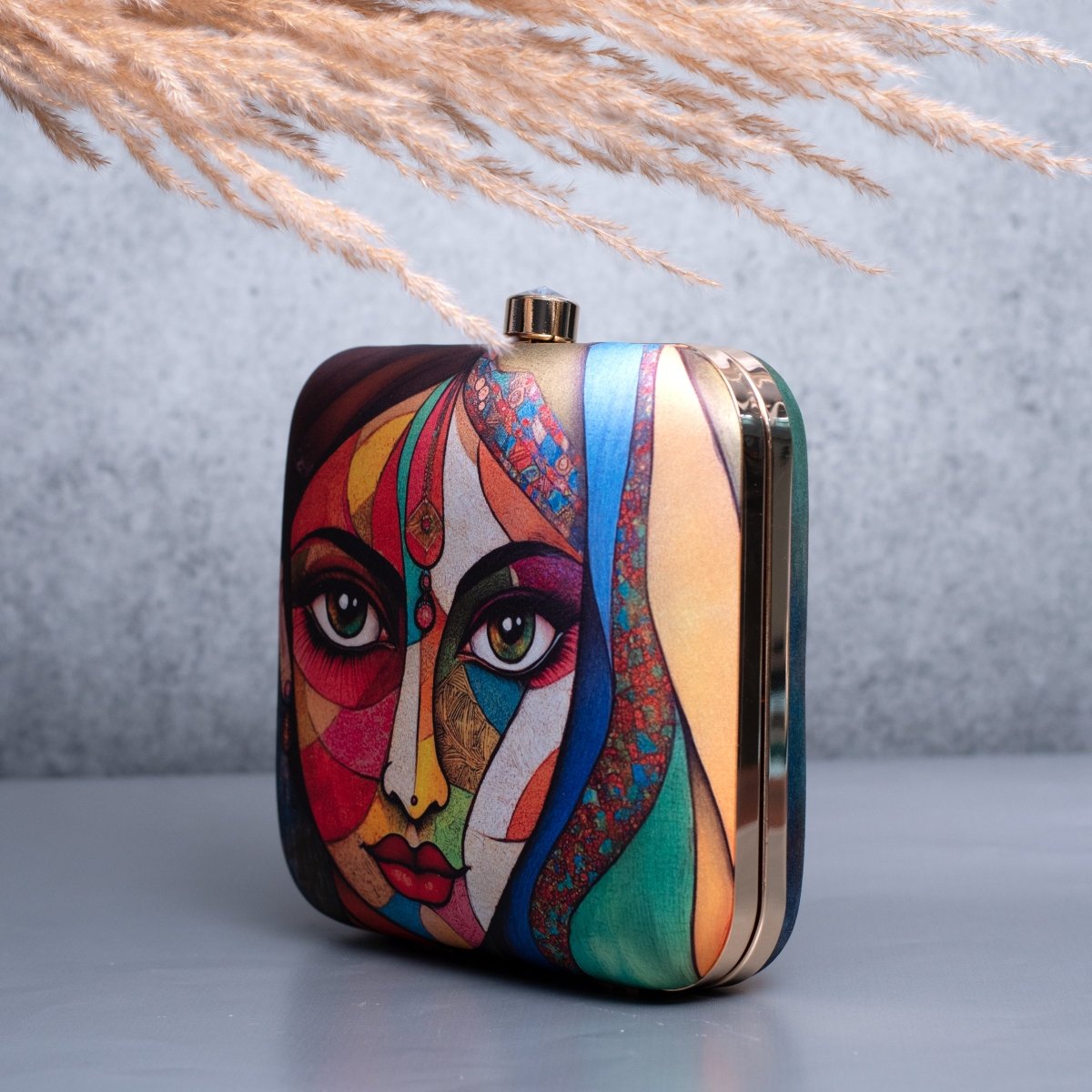 Artklim Multicolored Abstract Face Printed Clutch
