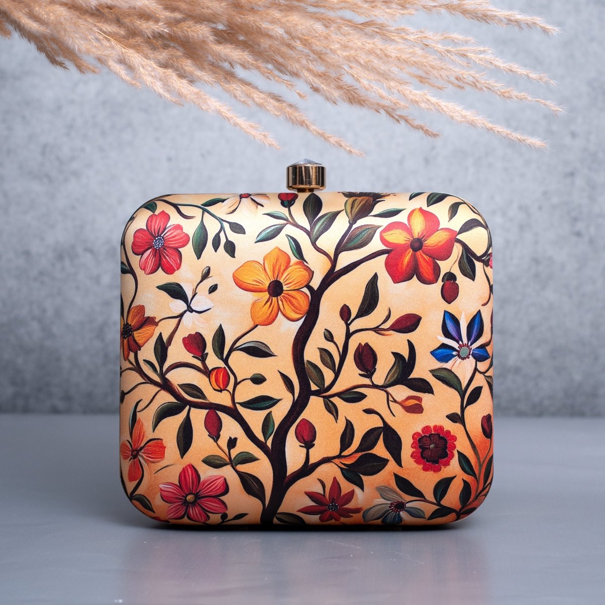 Artklim Biege Based Floral Printed Clutch