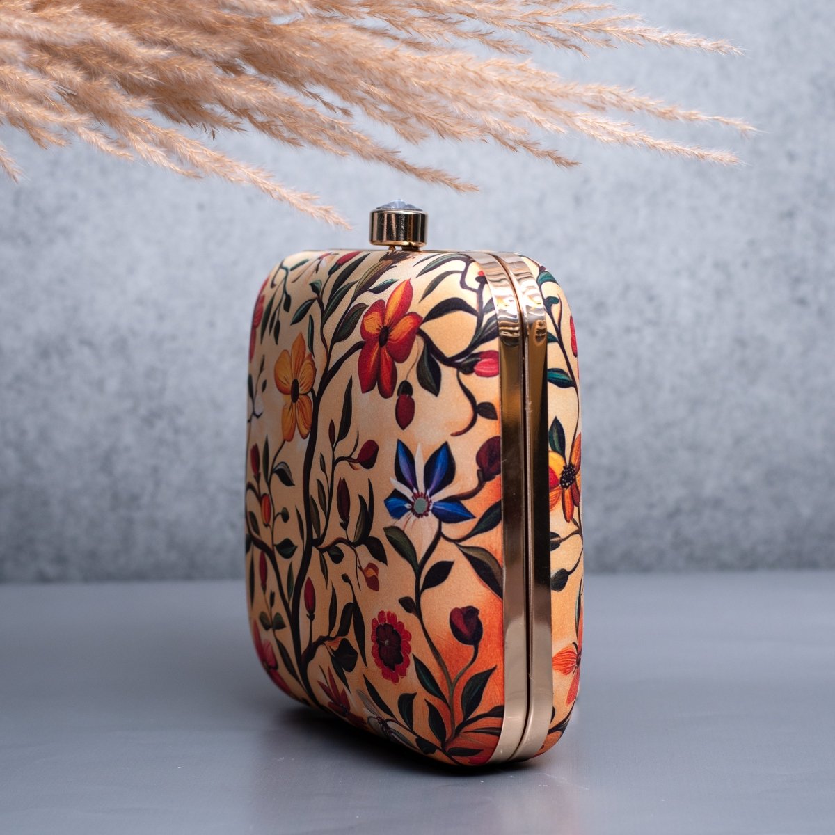 Artklim Biege Based Floral Printed Clutch