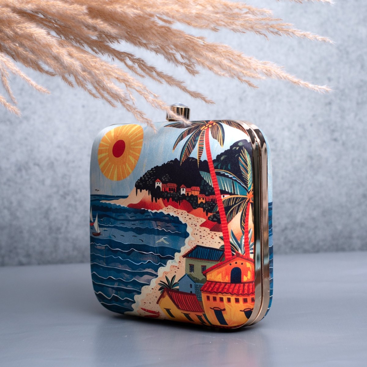 Artklim Blue Based Beach Scene Printed Clutch