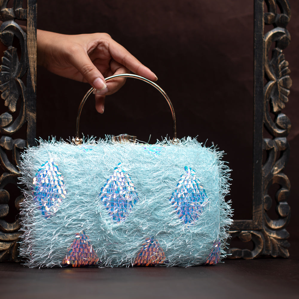 Blue Sequins Fabric Party Clutch