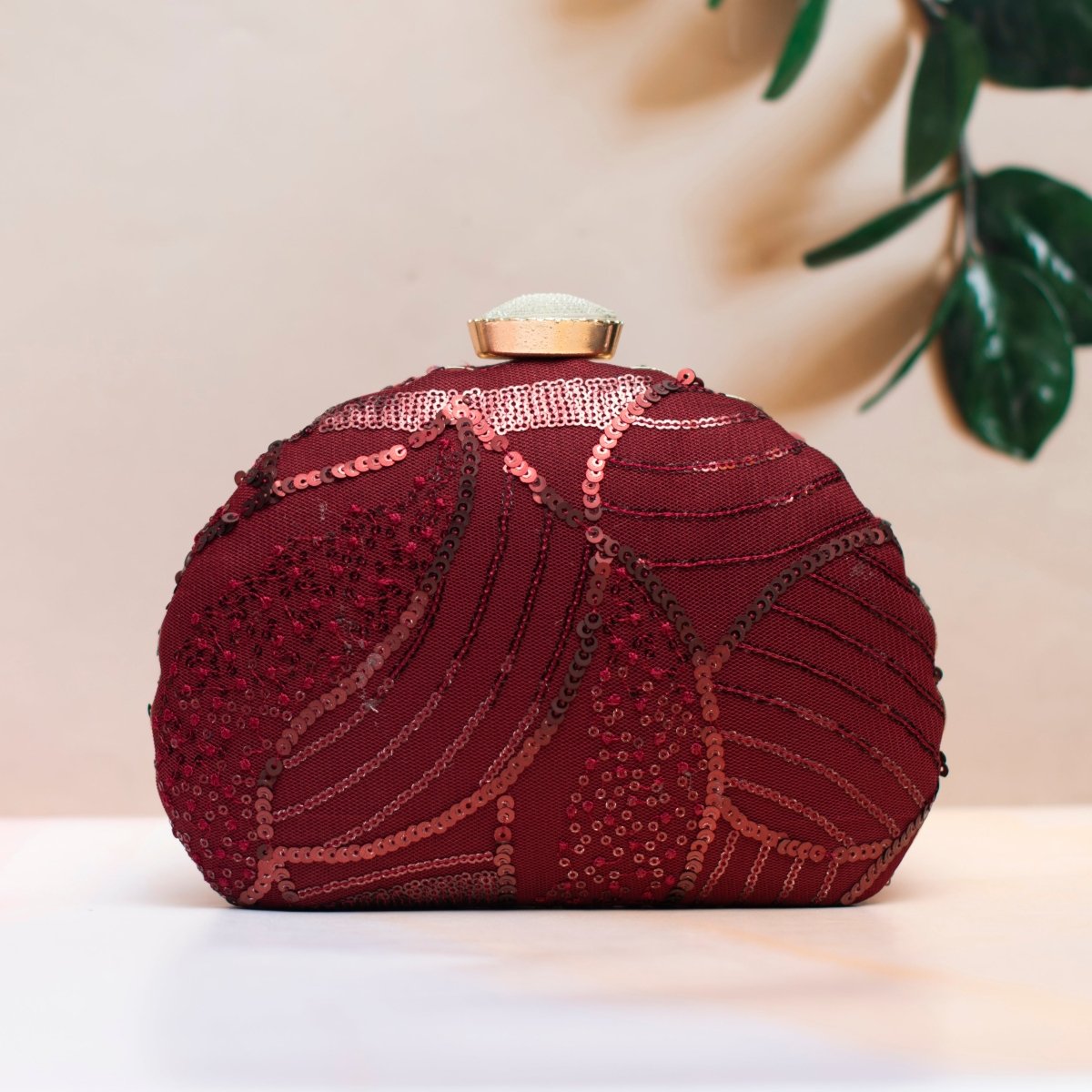 Maroon Sequins Embroidery Half Moon Clutch