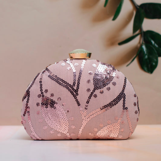 Pink Leaf Pattern Sequins Embroidery Clutch