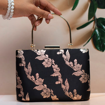 Black And Golden Floral Brocade Party Clutch